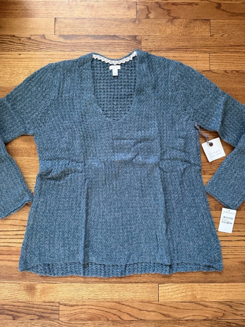 NWT Hinge Nordstrom Open Knit V-Neck Sweater Lace Trim Slate Blue (Size L)